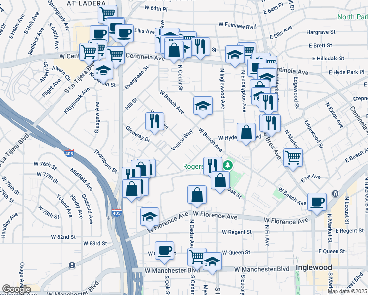 map of restaurants, bars, coffee shops, grocery stores, and more near 604 Venice Way in Inglewood