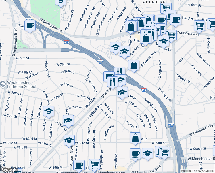 map of restaurants, bars, coffee shops, grocery stores, and more near 7411 La Tijera Boulevard in Los Angeles