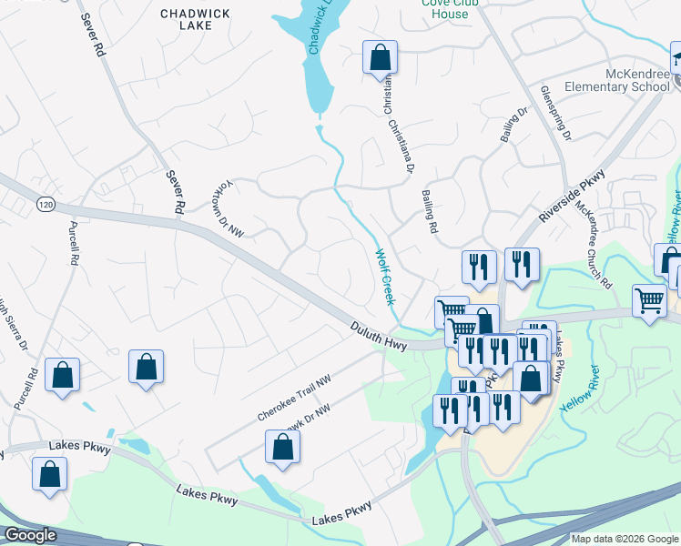 map of restaurants, bars, coffee shops, grocery stores, and more near 1242 Raleigh Court in Lawrenceville