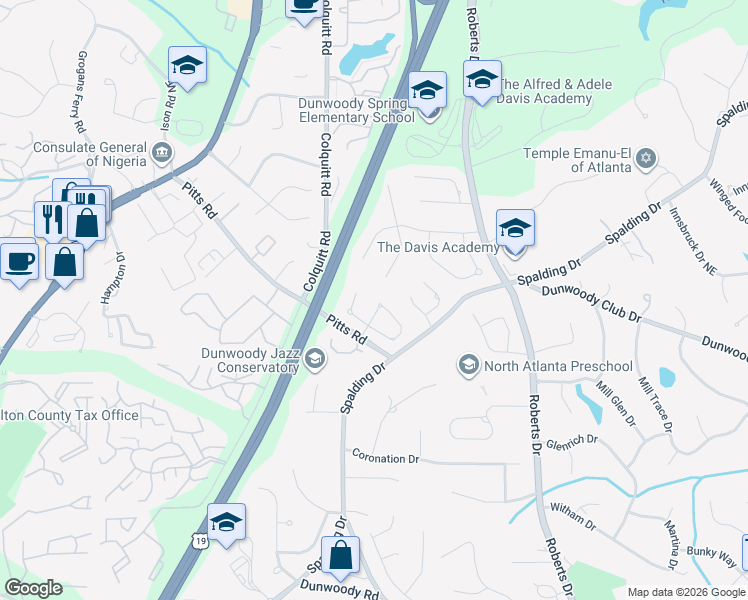 map of restaurants, bars, coffee shops, grocery stores, and more near 7874 Stratford Lane in Atlanta