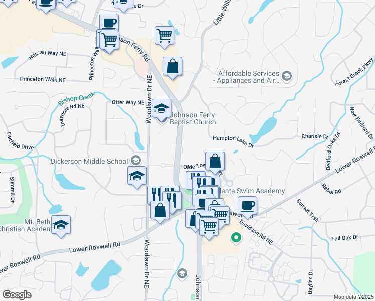 map of restaurants, bars, coffee shops, grocery stores, and more near 886 Johnson Ferry Road in Marietta