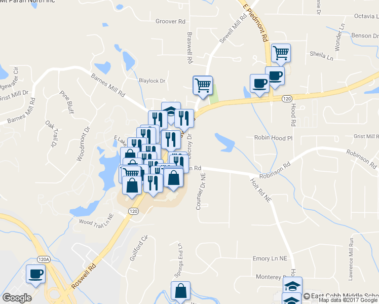 map of restaurants, bars, coffee shops, grocery stores, and more near 810 Lecroy Drive in Marietta