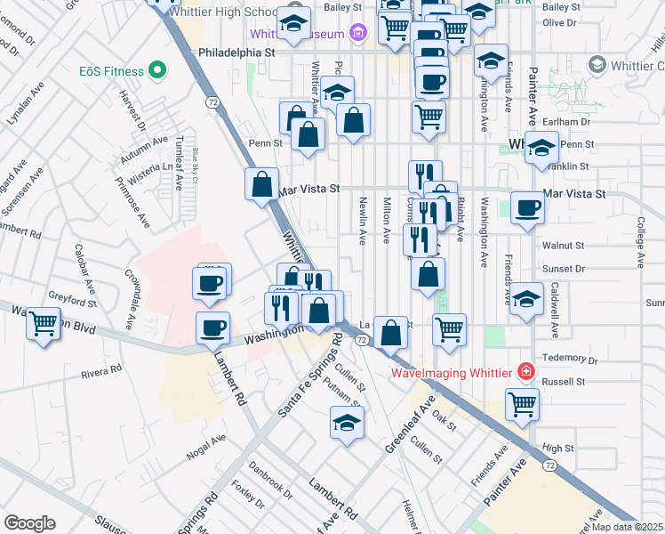 map of restaurants, bars, coffee shops, grocery stores, and more near 7745 Pickering Avenue in Whittier