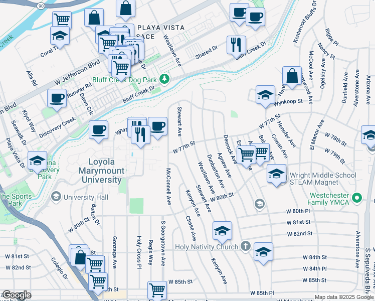 map of restaurants, bars, coffee shops, grocery stores, and more near 7706 Stewart Avenue in Los Angeles
