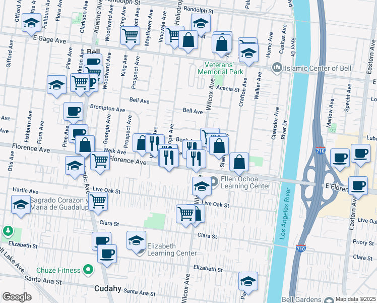 map of restaurants, bars, coffee shops, grocery stores, and more near 4937 Weik Avenue in Bell