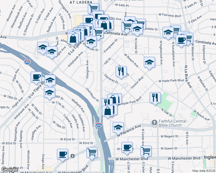 map of restaurants, bars, coffee shops, grocery stores, and more near 809 Flora Drive in Inglewood