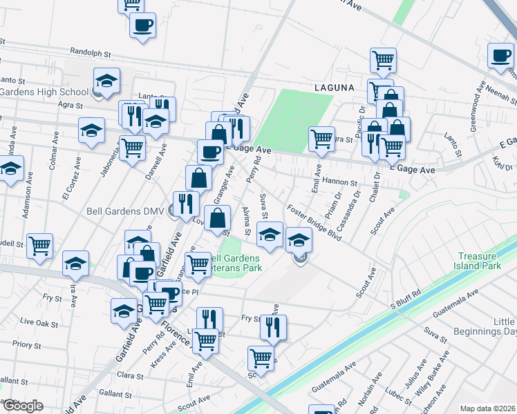 map of restaurants, bars, coffee shops, grocery stores, and more near 6558 Suva Street in Bell Gardens