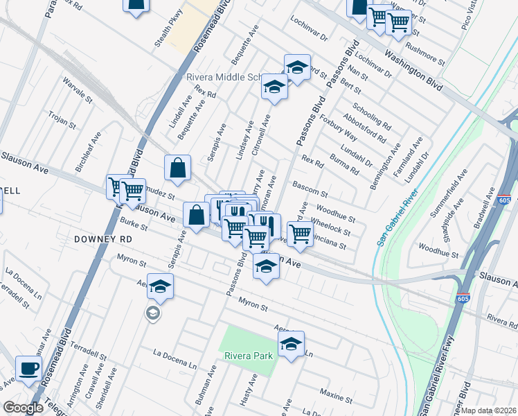 map of restaurants, bars, coffee shops, grocery stores, and more near 7569 Lemoran Avenue in Pico Rivera