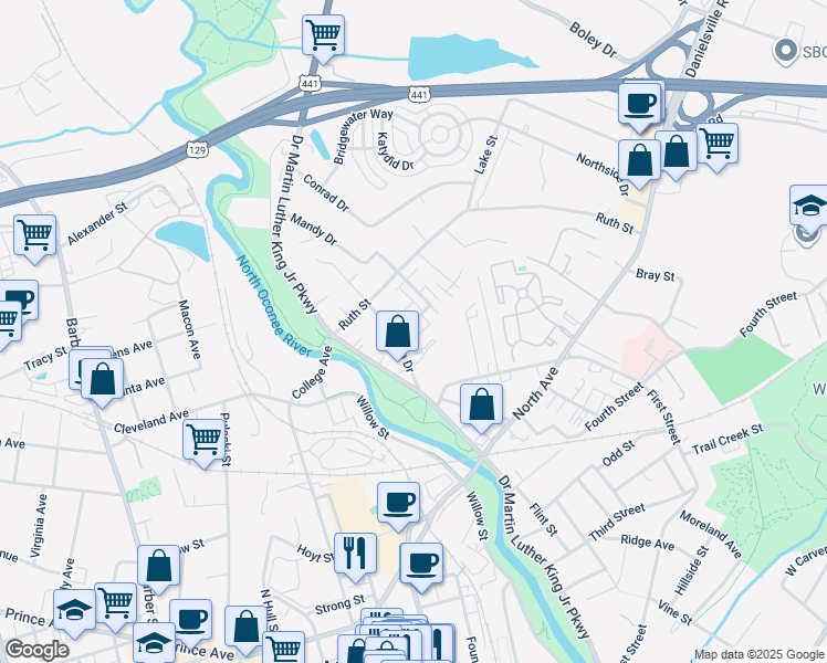 map of restaurants, bars, coffee shops, grocery stores, and more near 120 Artisan Place in Athens