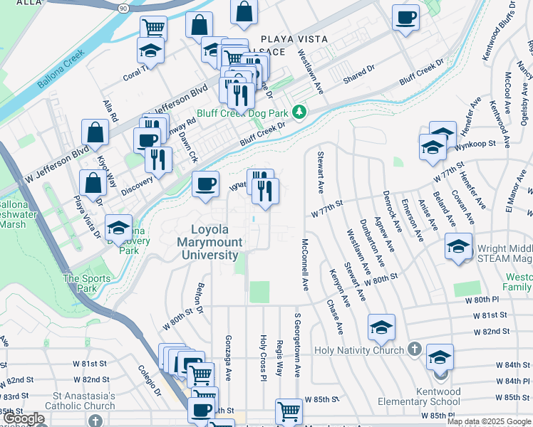 map of restaurants, bars, coffee shops, grocery stores, and more near 1950 Ignatian Circle in Los Angeles