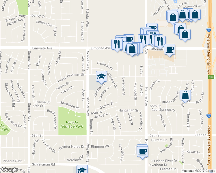 map of restaurants, bars, coffee shops, grocery stores, and more near 6473 Gladiola Street in Corona