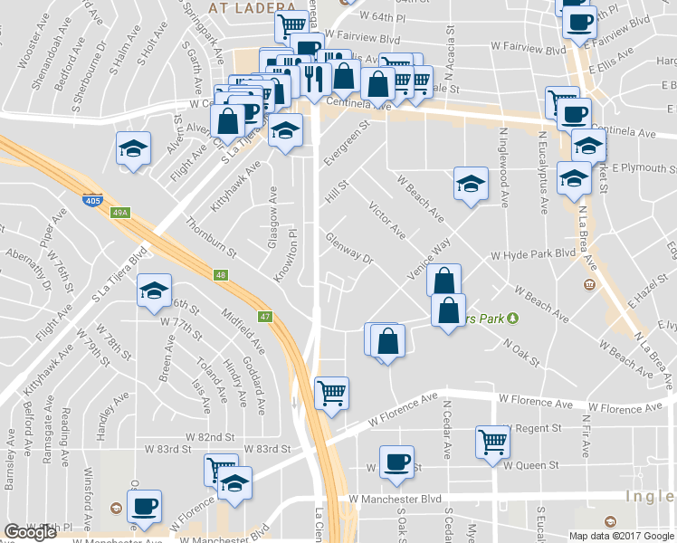 map of restaurants, bars, coffee shops, grocery stores, and more near 809 Flora Drive in Inglewood