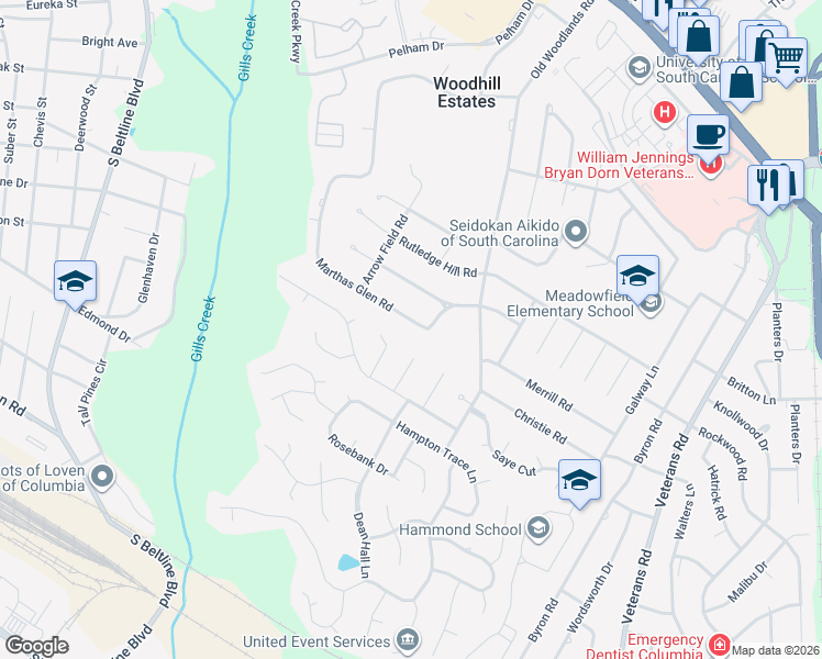 map of restaurants, bars, coffee shops, grocery stores, and more near 6136 Marthas Glen Rd in Columbia