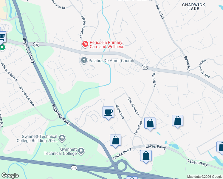 map of restaurants, bars, coffee shops, grocery stores, and more near 1577 High Sierra Dr in Lawrenceville