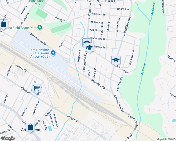 map of restaurants, bars, coffee shops, grocery stores, and more near 1513 Ilex Street in Columbia