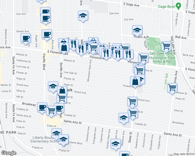 map of restaurants, bars, coffee shops, grocery stores, and more near 2940 Live Oak Street in Huntington Park