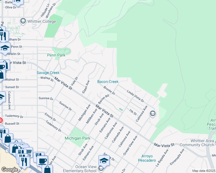 map of restaurants, bars, coffee shops, grocery stores, and more near 14205 Bronte Drive in Whittier