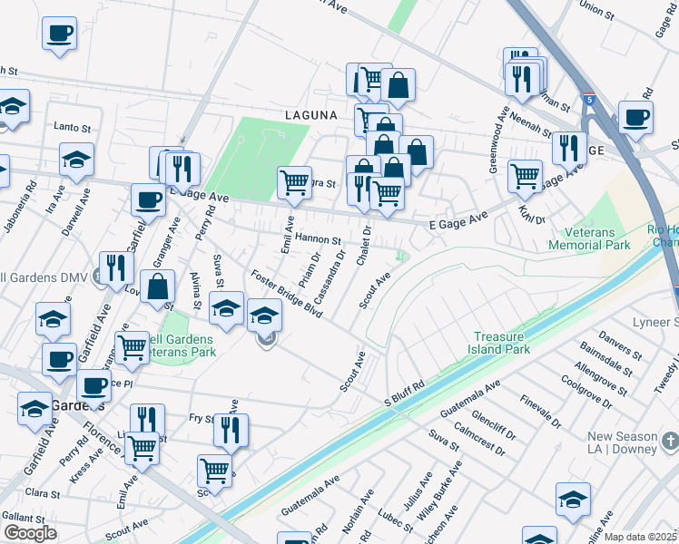 map of restaurants, bars, coffee shops, grocery stores, and more near 6540 1/2 Cassandra Drive in Bell Gardens