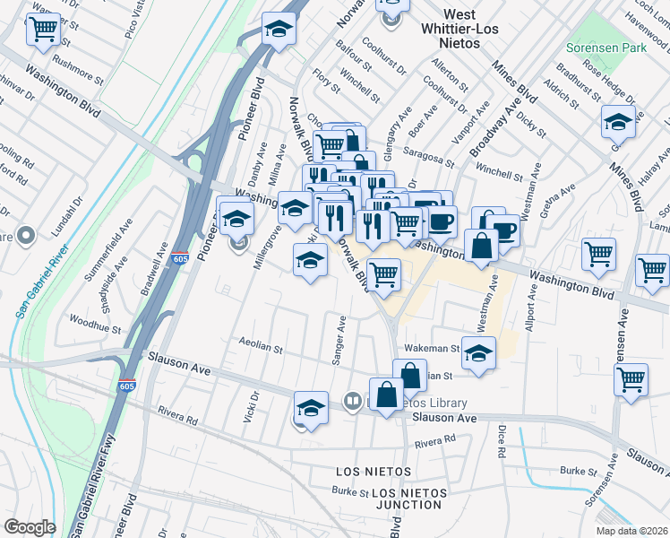 map of restaurants, bars, coffee shops, grocery stores, and more near 11047 Godoy Street in Whittier