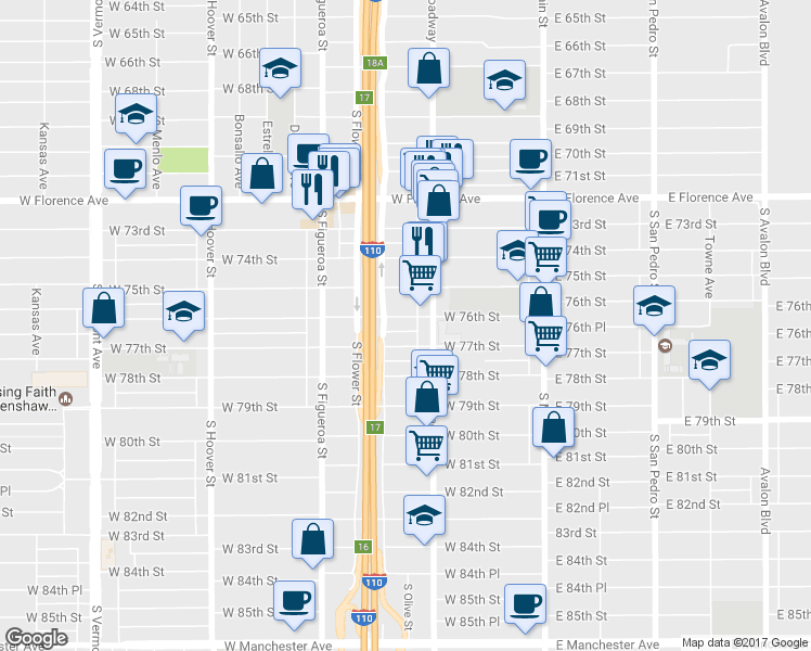 map of restaurants, bars, coffee shops, grocery stores, and more near 326 West 76th Street in Los Angeles