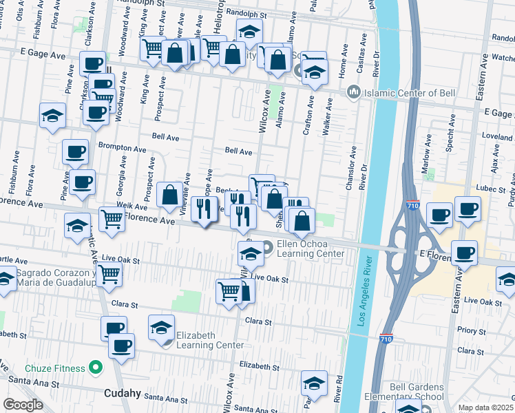 map of restaurants, bars, coffee shops, grocery stores, and more near 5009 Florence Avenue in Bell