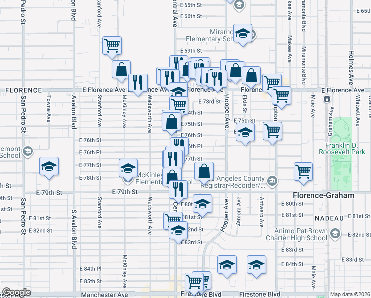 map of restaurants, bars, coffee shops, grocery stores, and more near 1124 East 76th Place in Los Angeles