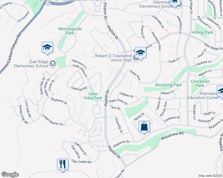 map of restaurants, bars, coffee shops, grocery stores, and more near 15558 Tern Street in Chino Hills