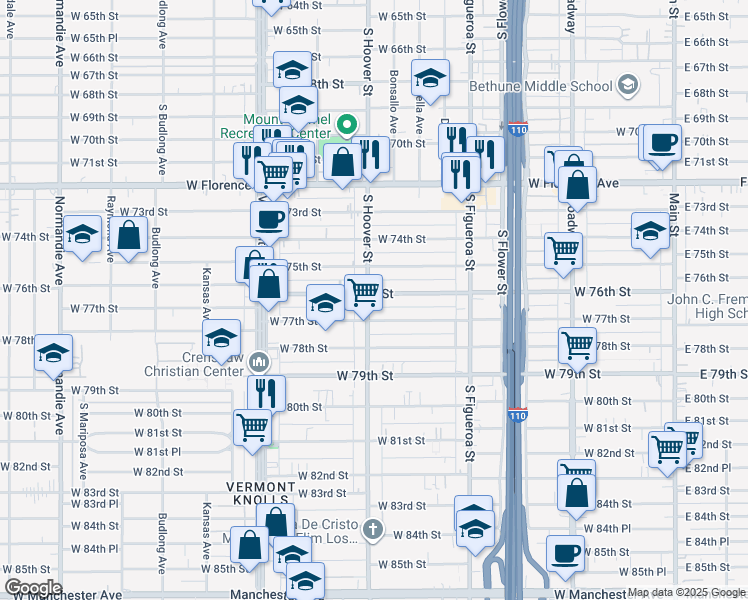 map of restaurants, bars, coffee shops, grocery stores, and more near 7602 South Hoover Street in Los Angeles