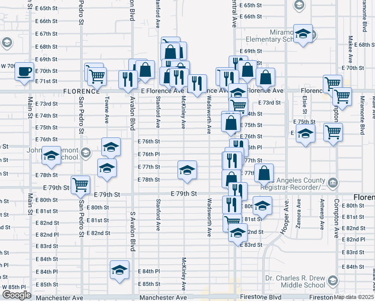 map of restaurants, bars, coffee shops, grocery stores, and more near 823 East 76th Place in Los Angeles