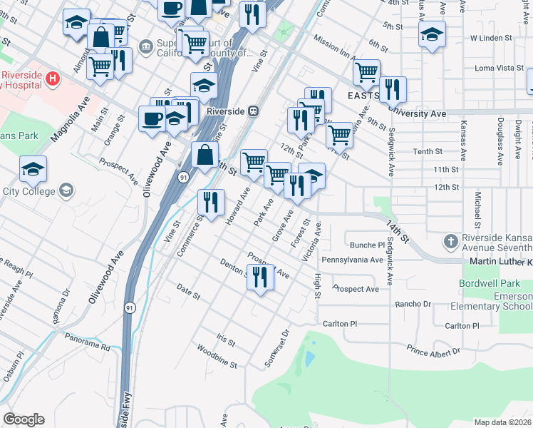 map of restaurants, bars, coffee shops, grocery stores, and more near 4494 Park Avenue in Riverside