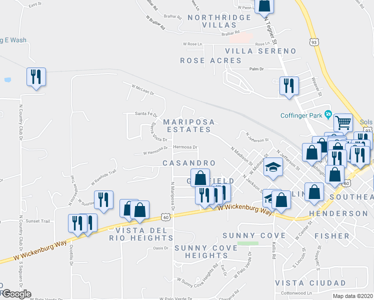 map of restaurants, bars, coffee shops, grocery stores, and more near 745 West Hermosa Drive in Wickenburg