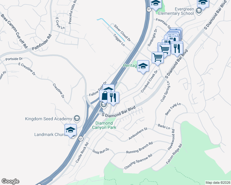 map of restaurants, bars, coffee shops, grocery stores, and more near 21005 Bandana Drive in Pomona