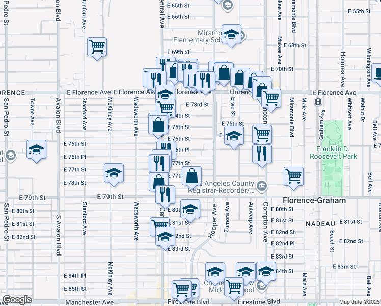 map of restaurants, bars, coffee shops, grocery stores, and more near 1204 East 76th Place in Los Angeles