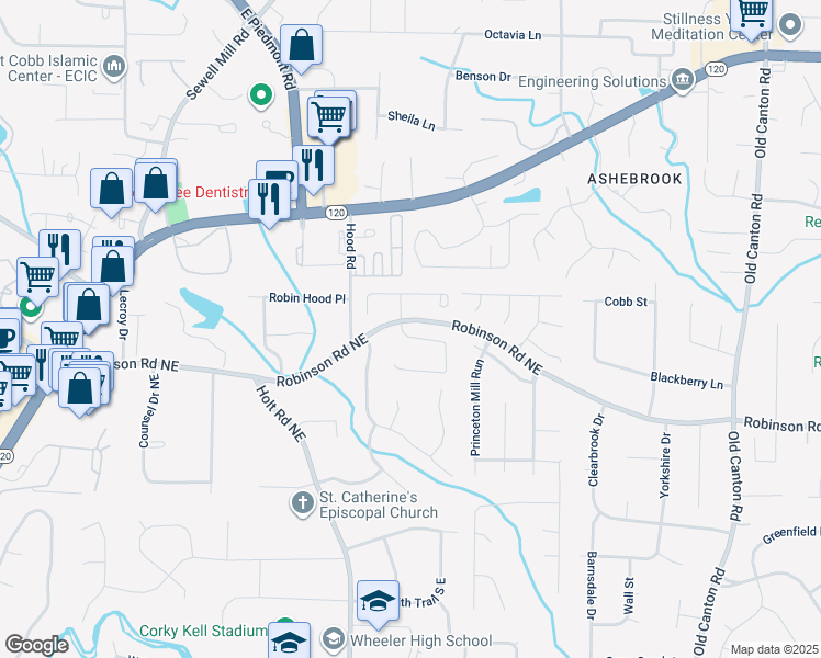 map of restaurants, bars, coffee shops, grocery stores, and more near 2684 Weddington Place Northeast in Marietta