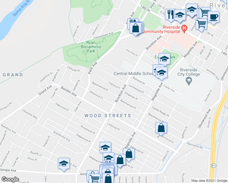 map of restaurants, bars, coffee shops, grocery stores, and more near 4171 Beechwood Place in Riverside