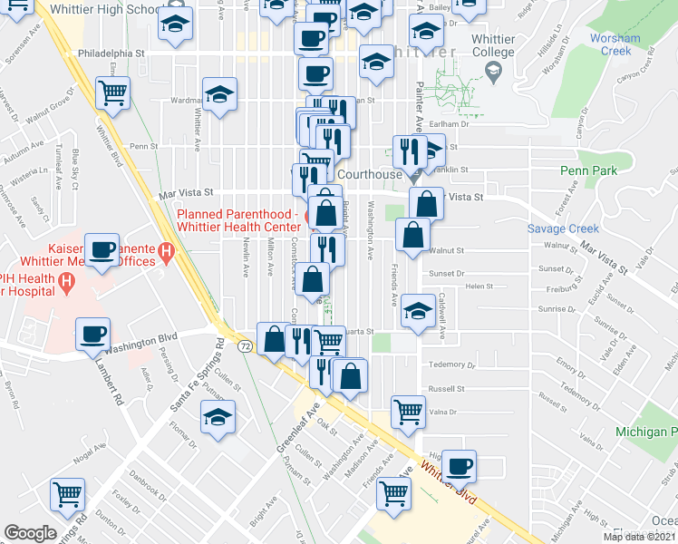 map of restaurants, bars, coffee shops, grocery stores, and more near 7743 Bright Avenue in Whittier