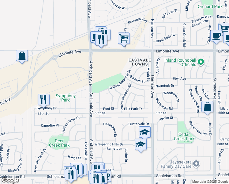 map of restaurants, bars, coffee shops, grocery stores, and more near 14037 Kassell Road in Corona