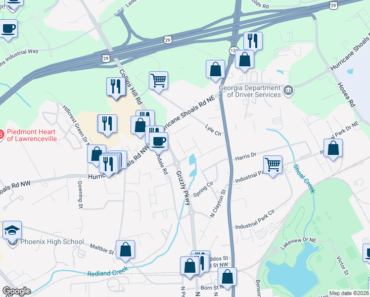 map of restaurants, bars, coffee shops, grocery stores, and more near 517 Anderson Drive in Lawrenceville