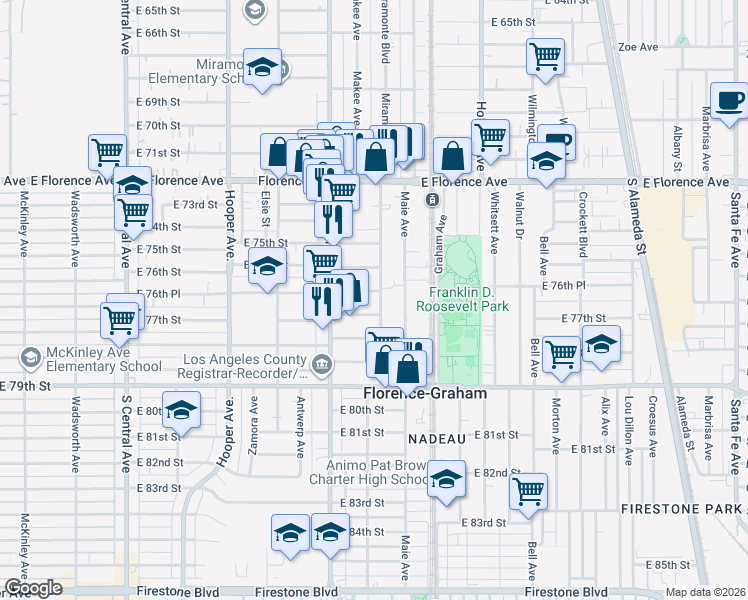 map of restaurants, bars, coffee shops, grocery stores, and more near 7659 Miramonte Boulevard in Los Angeles
