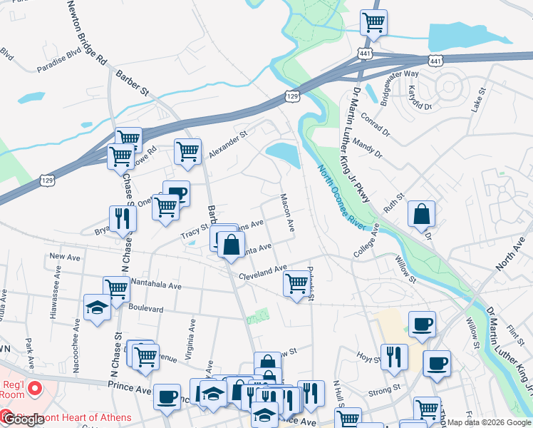 map of restaurants, bars, coffee shops, grocery stores, and more near 487 Athens Avenue in Athens