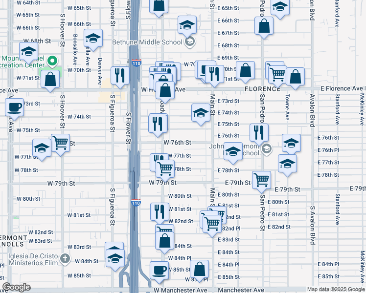 map of restaurants, bars, coffee shops, grocery stores, and more near 212 West 76th Street in Los Angeles