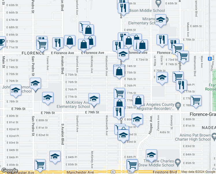 map of restaurants, bars, coffee shops, grocery stores, and more near 903 E 76th Pl in Los Angeles