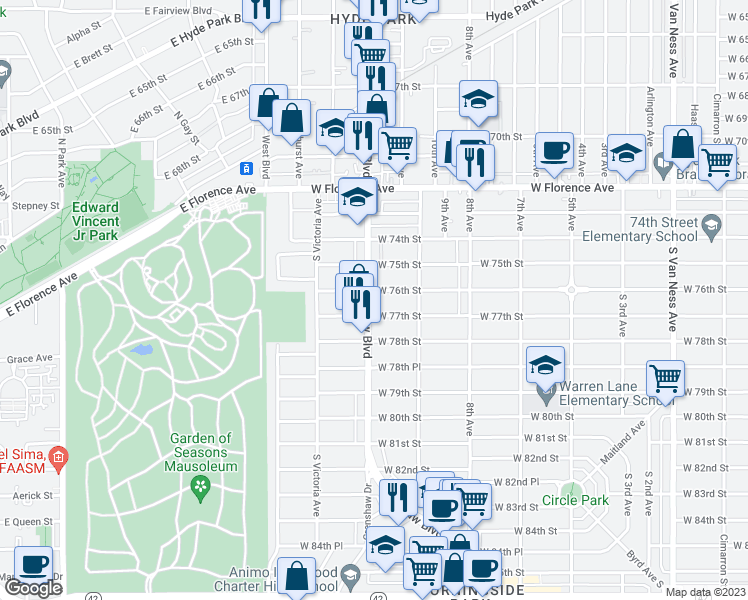 map of restaurants, bars, coffee shops, grocery stores, and more near 7606 Crenshaw Boulevard in Los Angeles