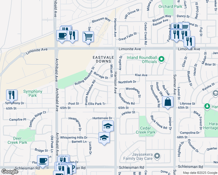 map of restaurants, bars, coffee shops, grocery stores, and more near 13845 Camp Rock Street in Corona