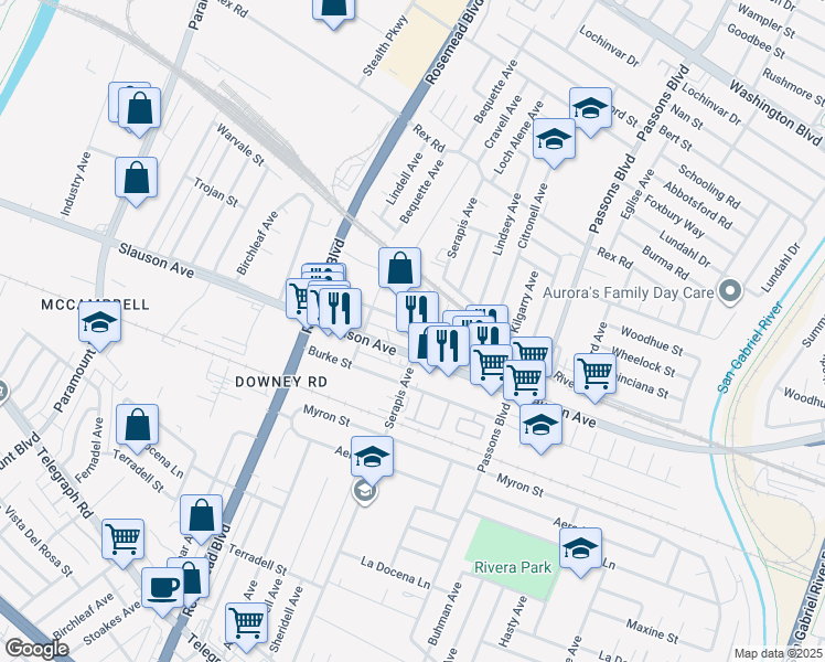 map of restaurants, bars, coffee shops, grocery stores, and more near 9148 Bermudez Street in Pico Rivera