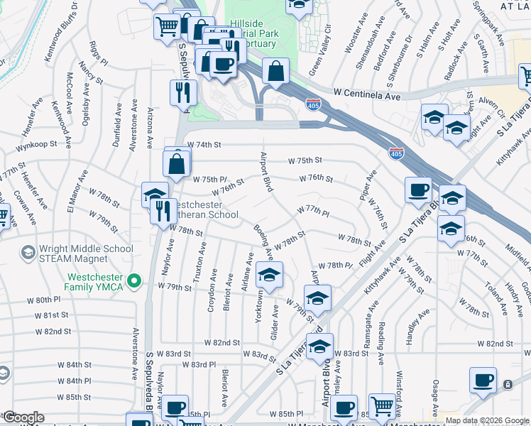 map of restaurants, bars, coffee shops, grocery stores, and more near 6005 Boeing Place in Los Angeles