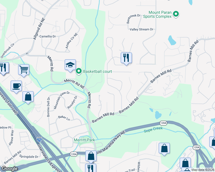 map of restaurants, bars, coffee shops, grocery stores, and more near 801 Soaring Drive Northeast in Marietta