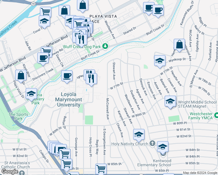 map of restaurants, bars, coffee shops, grocery stores, and more near 7584 McConnell Avenue in Los Angeles