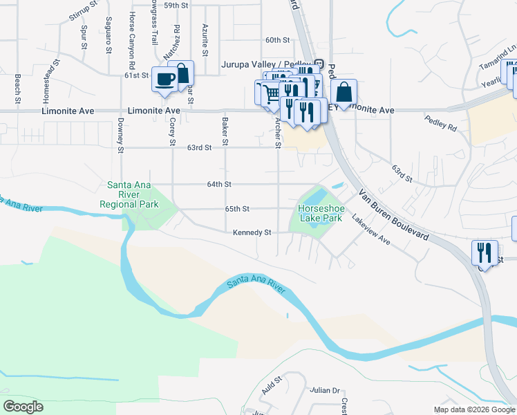 map of restaurants, bars, coffee shops, grocery stores, and more near 9001 65th Street in Riverside