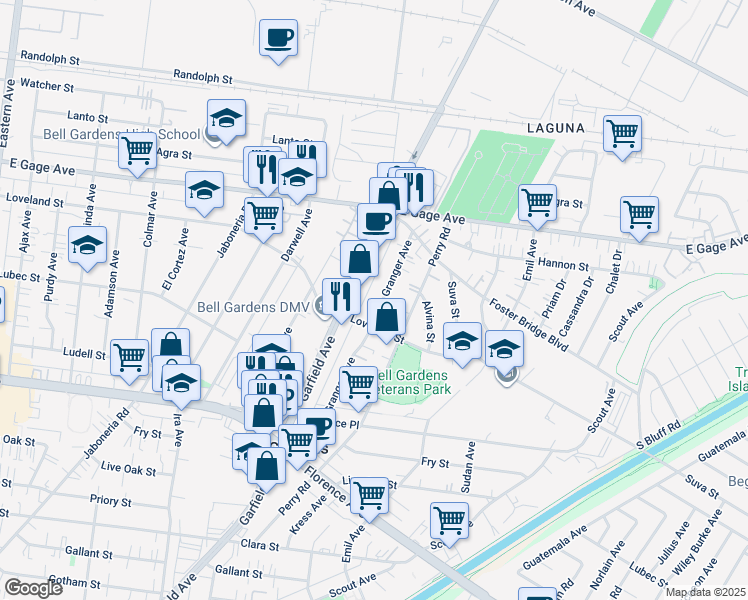map of restaurants, bars, coffee shops, grocery stores, and more near 6805 Granger Avenue in Bell Gardens